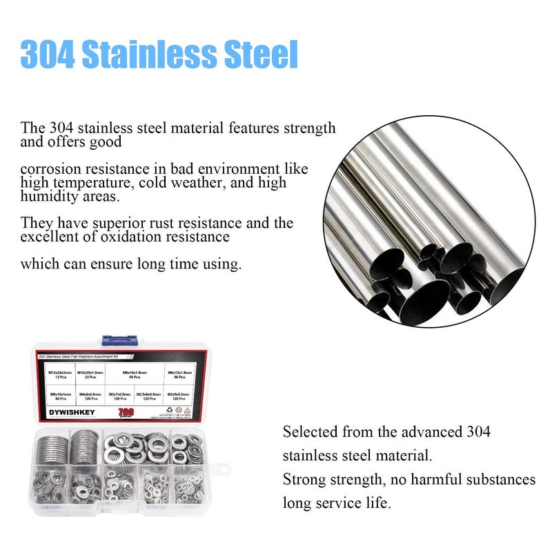 DYWISHKEY 700 Pieces 9 Sizes Stainless Steel Flat Washers Assortment Kit (M2 M2.5 M3 M4 M5 M6 M8 M10 M12) - Image 5